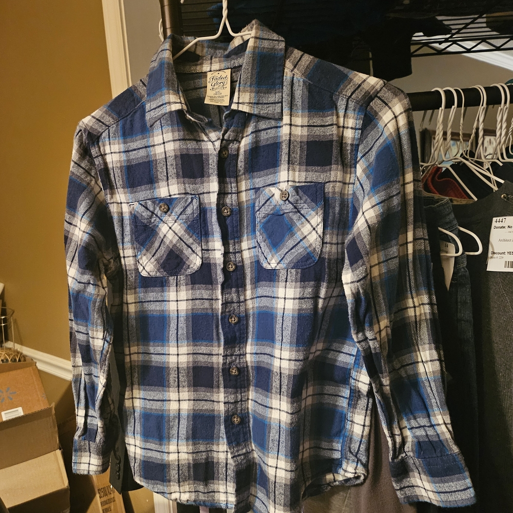 Faded Glory Navy, Black and White Plaid Boy's Flannel Shirt, Size L 10/12